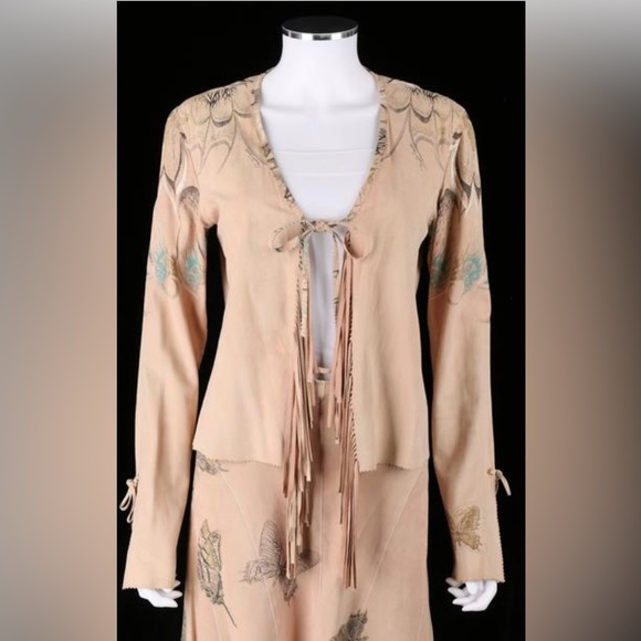 ROBERTO CAVALLI Tan Beige Suede Leather Butterfly Fringe Jacket - Picture 1 of 13